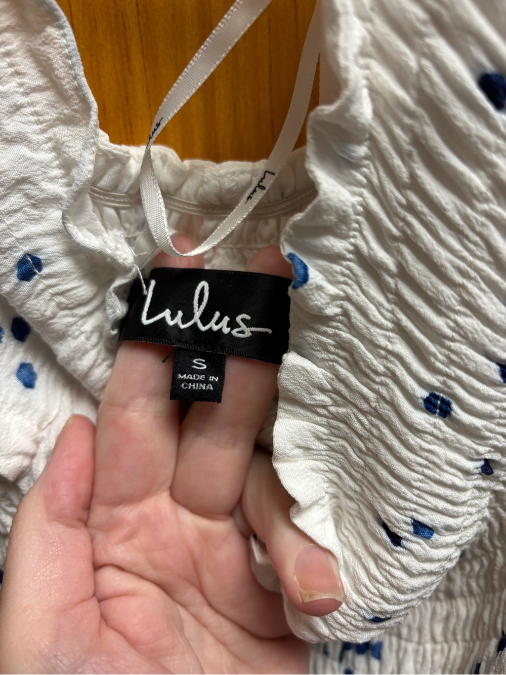 Lulus White Off-Shoulder blue polka dot dress - small - Picture 3 of 4